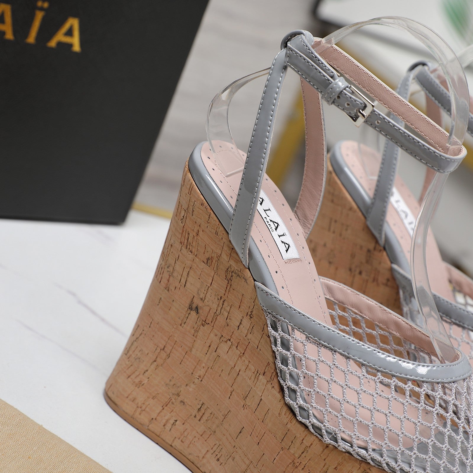 ALAIA WEDGE SANDAL IN LIGHT GREY MESH AND BEIGE RUBBER