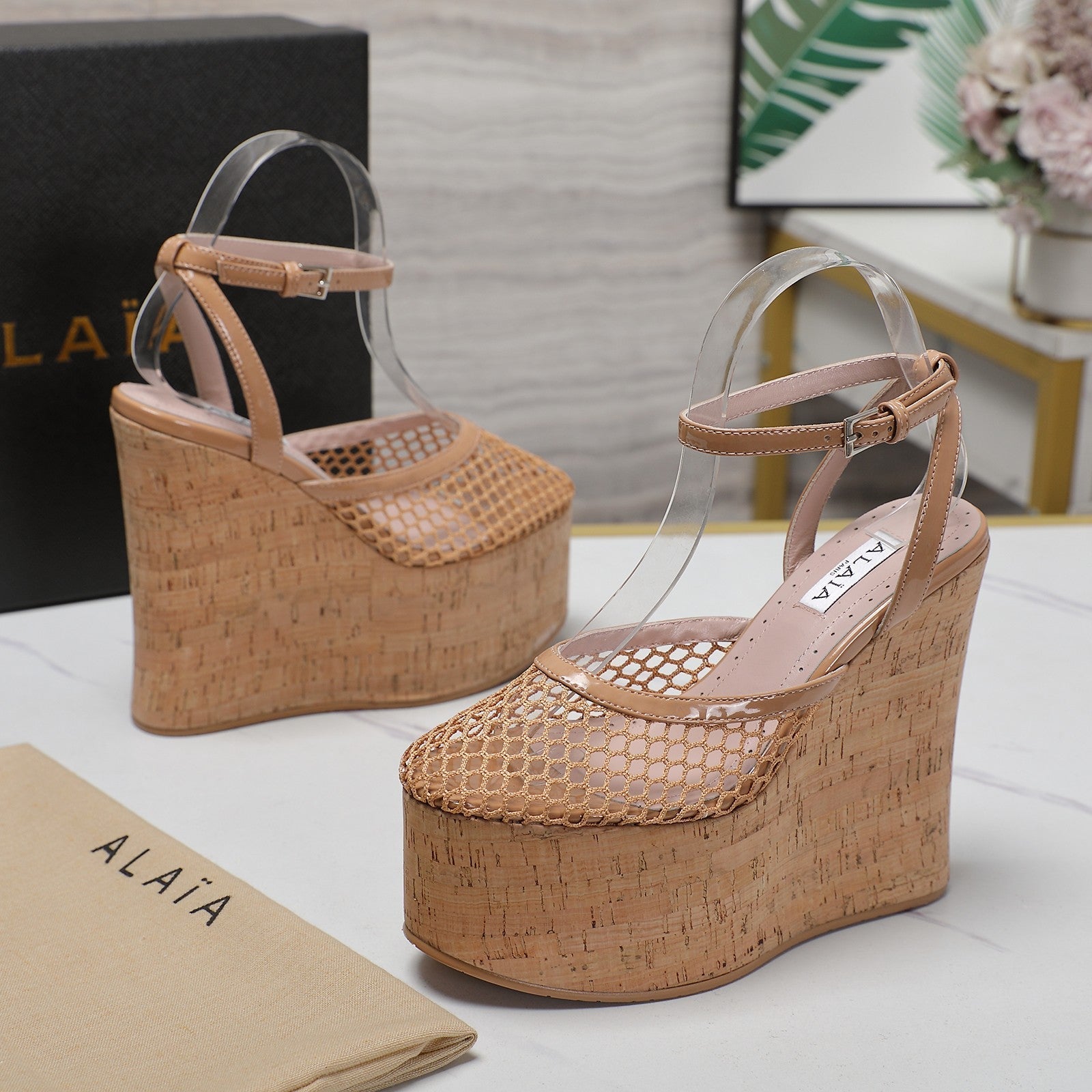 ALAIA WEDGE SANDAL IN FRENCH BEIGE MESH AND BEIGE RUBBER