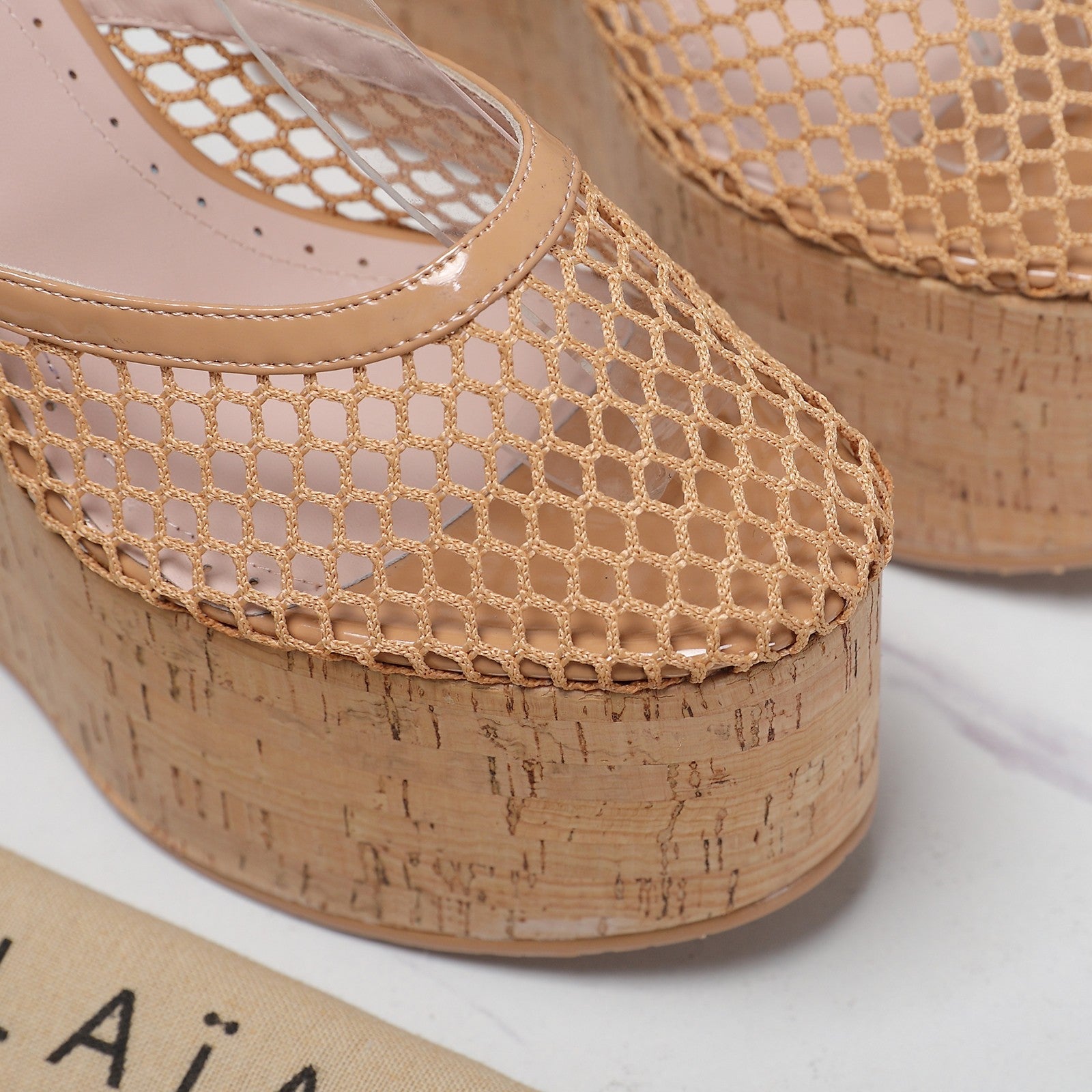 ALAIA WEDGE SANDAL IN FRENCH BEIGE MESH AND BEIGE RUBBER