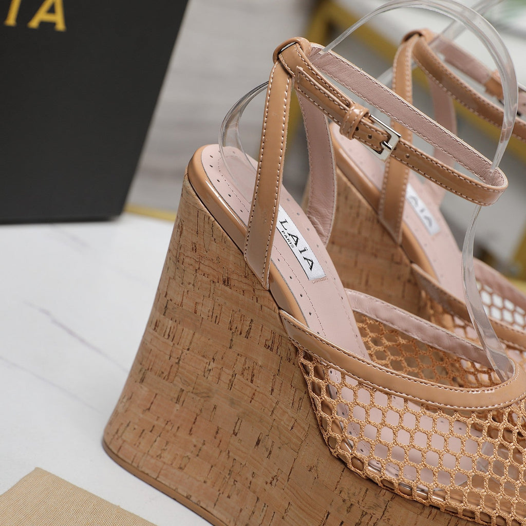 ALAIA WEDGE SANDAL IN FRENCH BEIGE MESH AND BEIGE RUBBER