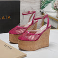 ALAIA WEDGE SANDAL IN BARBIE PINK MESH AND BEIGE RUBBER