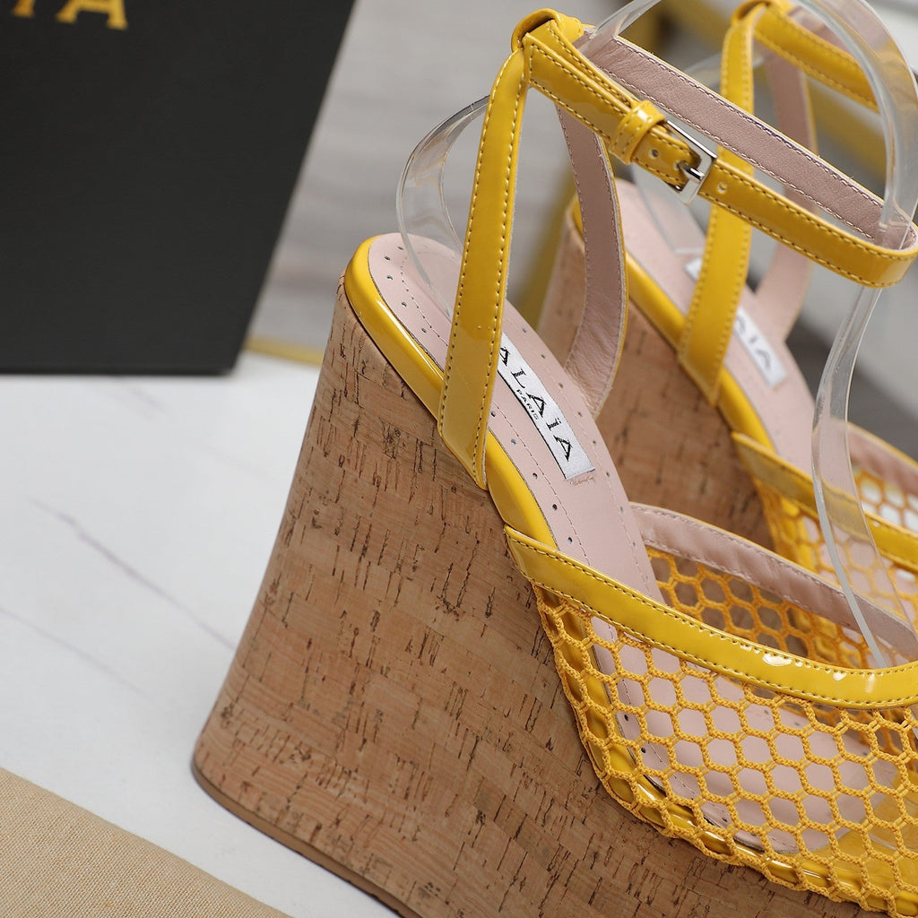 ALAIA WEDGE SANDAL IN YELLOW MESH AND BEIGE RUBBER