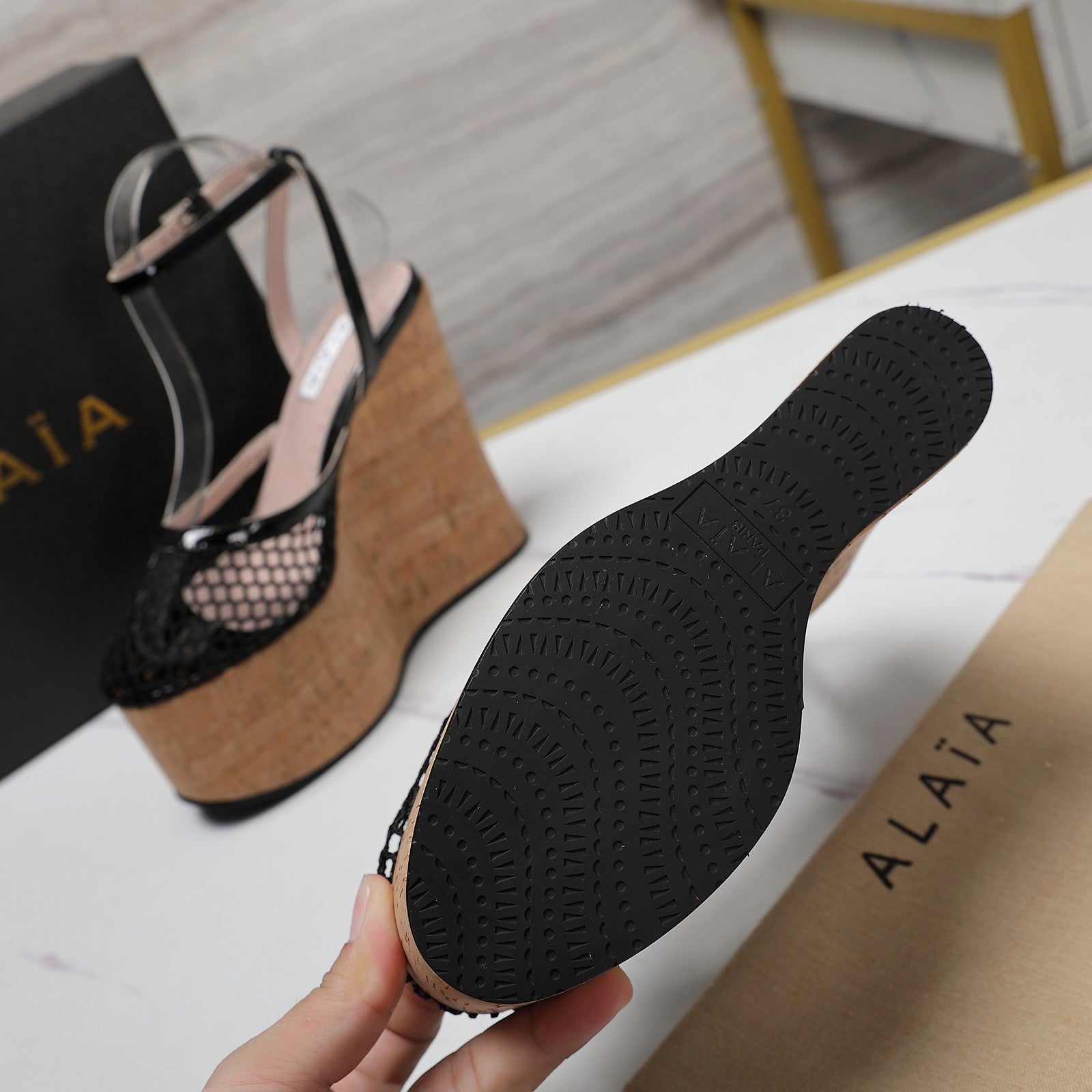 ALAIA WEDGE SANDAL IN BLACK MESH AND BEIGE RUBBER