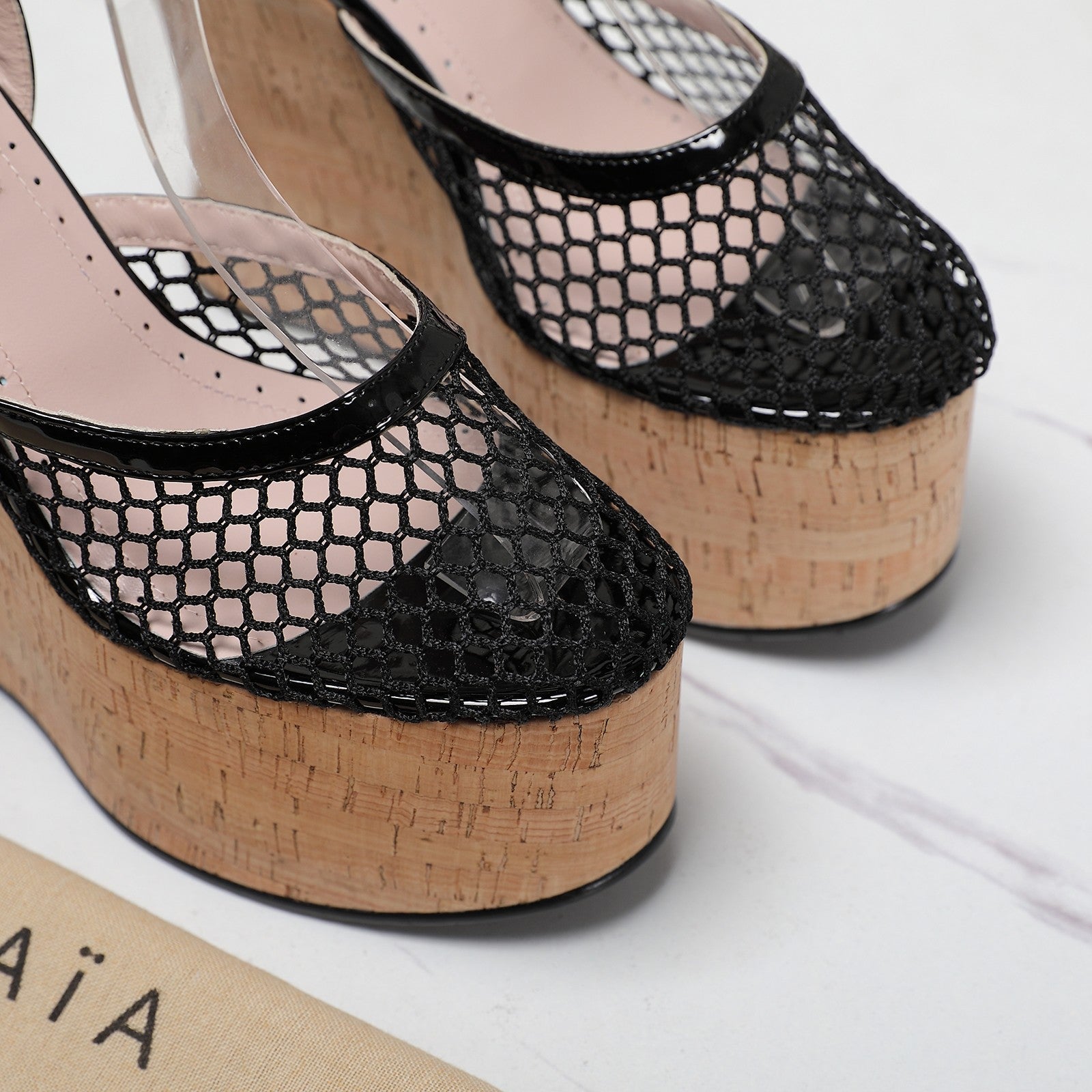 ALAIA WEDGE SANDAL IN BLACK MESH AND BEIGE RUBBER
