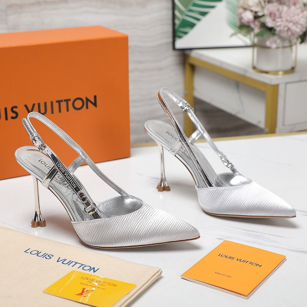 LV WOMEN BLOSSOM SLINGBACK PUMP IN SILVER EMBROIDERED FABRIC