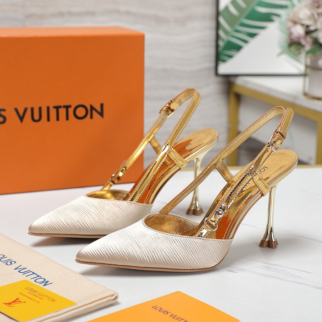LV WOMEN BLOSSOM SLINGBACK PUMP IN GOLDEN EMBROIDERED FABRIC