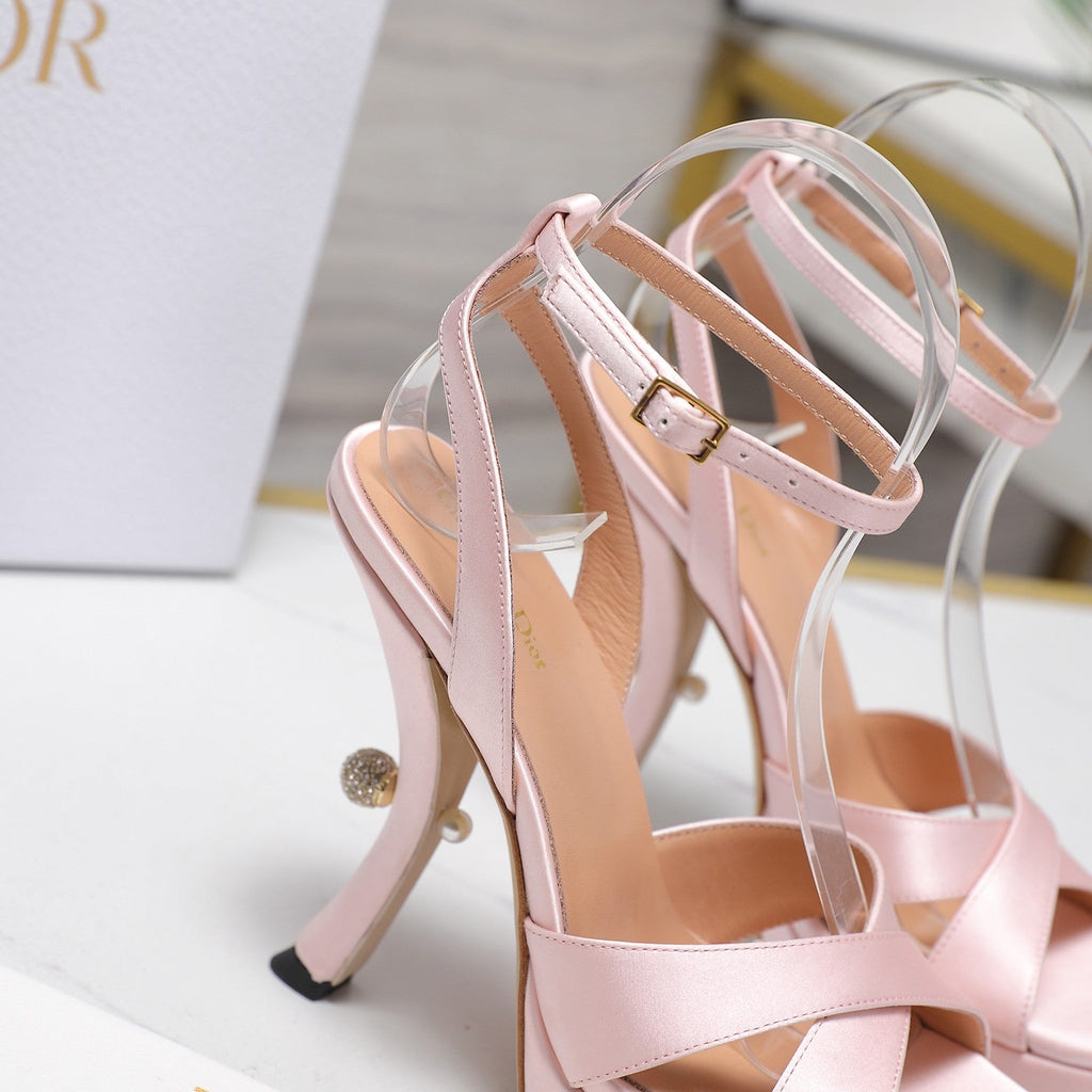 DIOR PEARL-EMBELLISHED HIGH HEEL SANDALS 25S 115 MM IN LIGHT PINK SATIN
