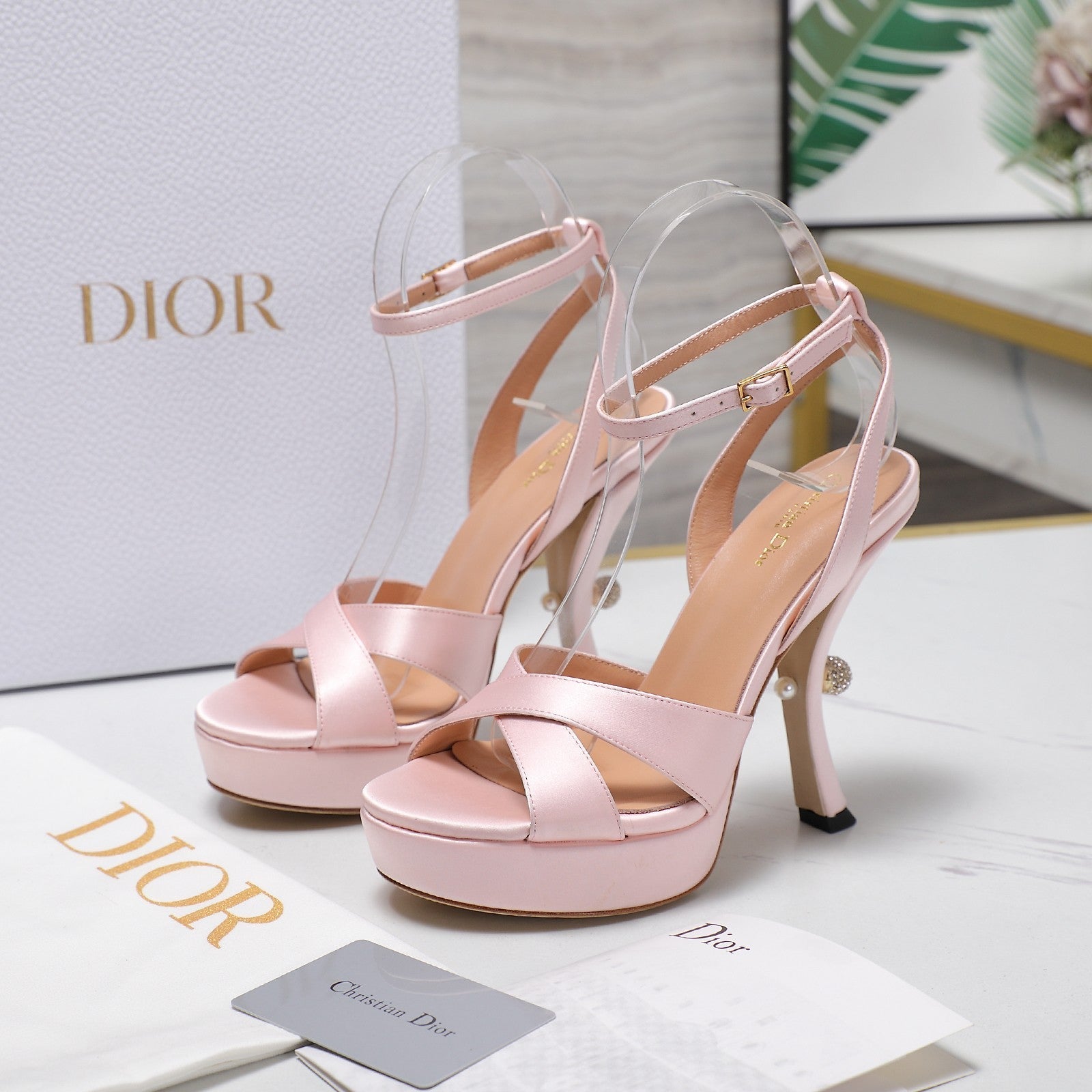 DIOR PEARL-EMBELLISHED HIGH HEEL SANDALS 25S 115 MM IN LIGHT PINK SATIN