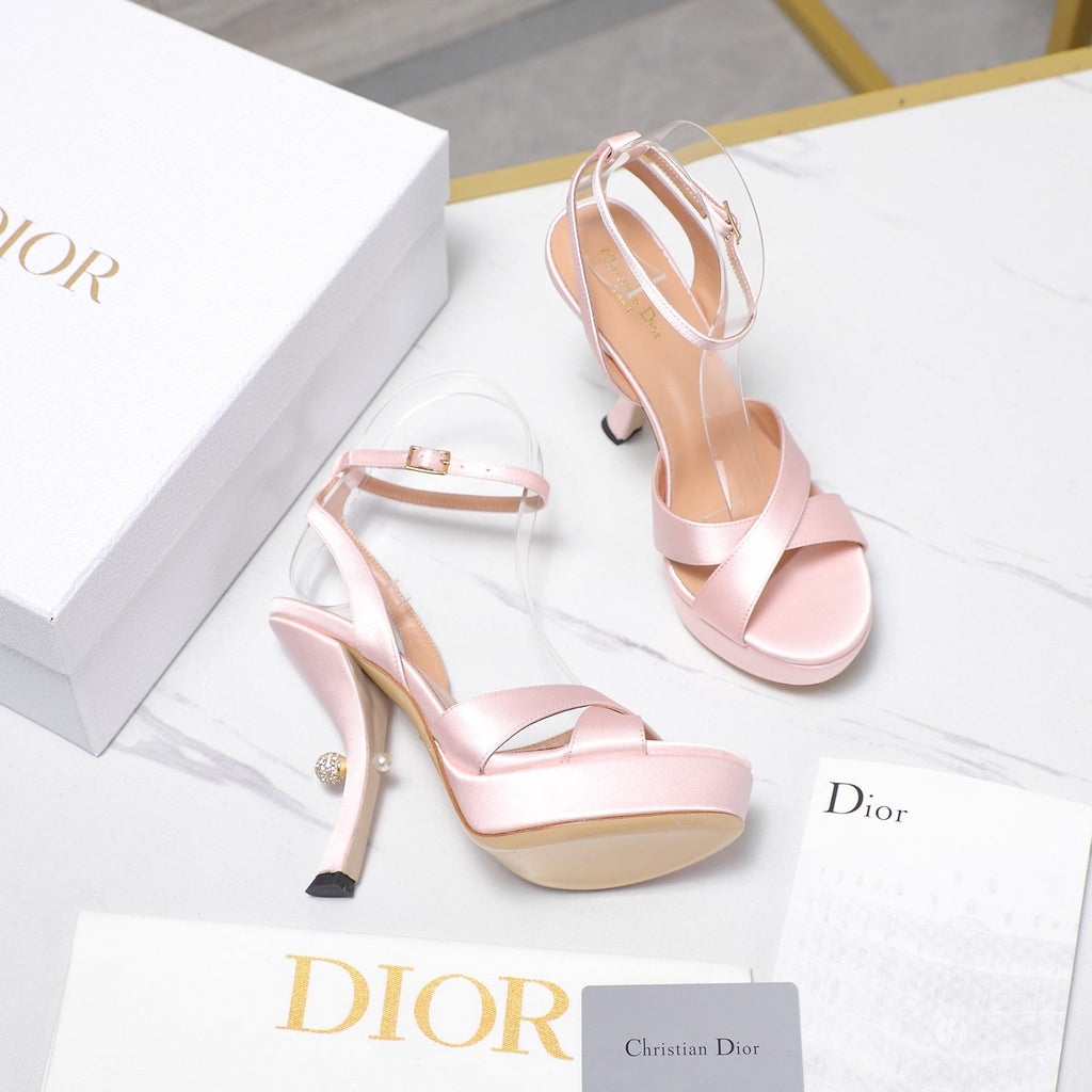 DIOR PEARL-EMBELLISHED HIGH HEEL SANDALS 25S 115 MM IN LIGHT PINK SATIN