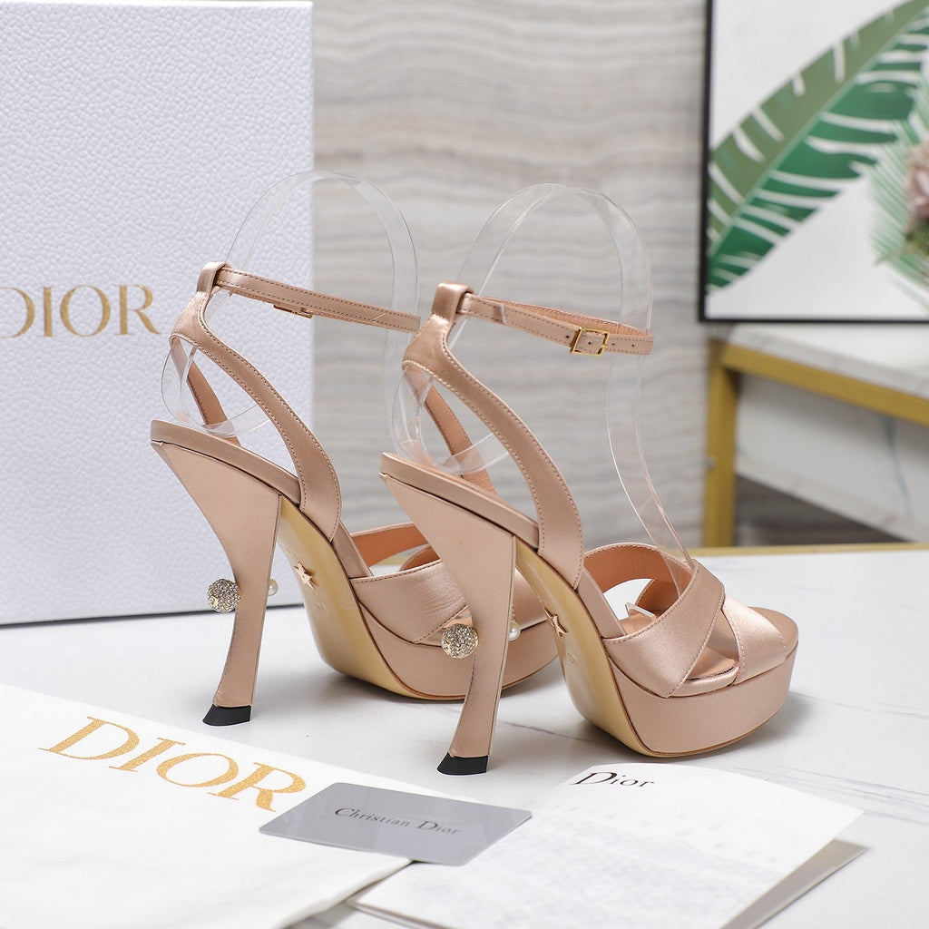 DIOR PEARL-EMBELLISHED HIGH HEEL SANDALS 25S 115 MM IN BEIGE SATIN