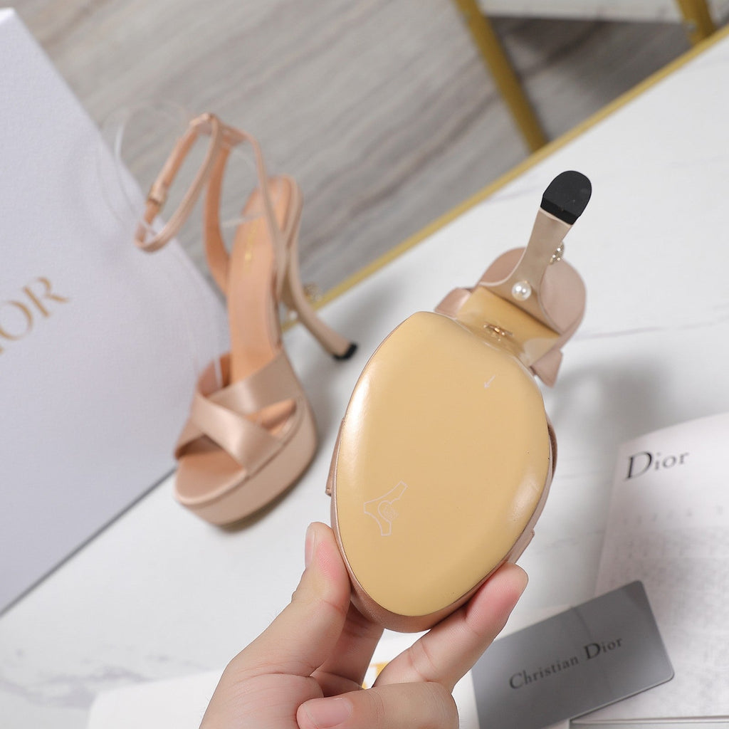 DIOR PEARL-EMBELLISHED HIGH HEEL SANDALS 25S 115 MM IN BEIGE SATIN
