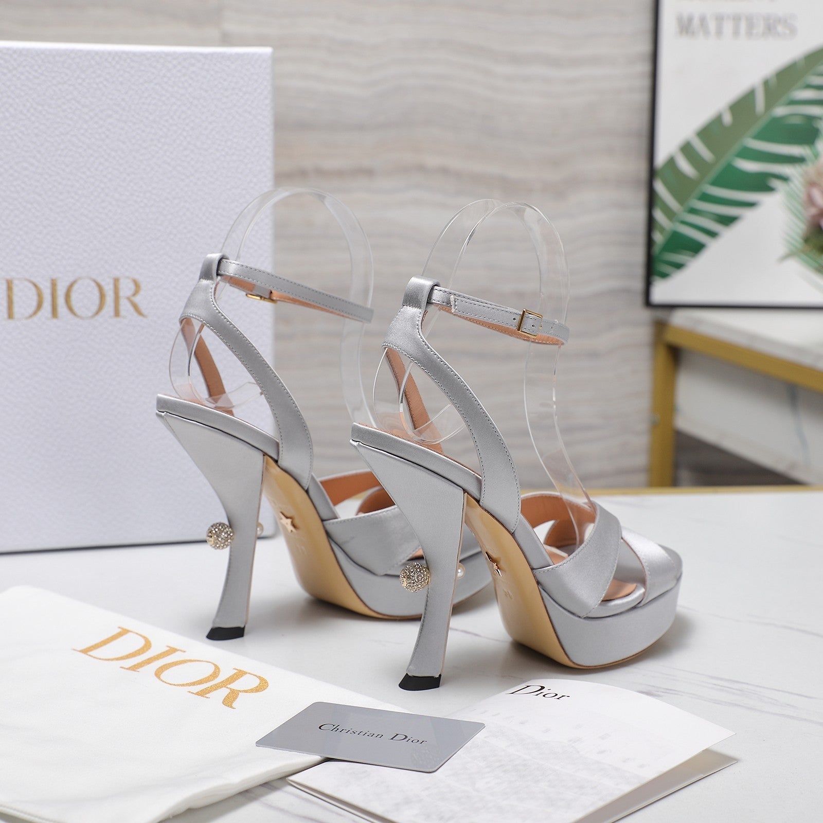 DIOR PEARL-EMBELLISHED HIGH HEEL SANDALS 25S 115 MM IN SILVER SATIN