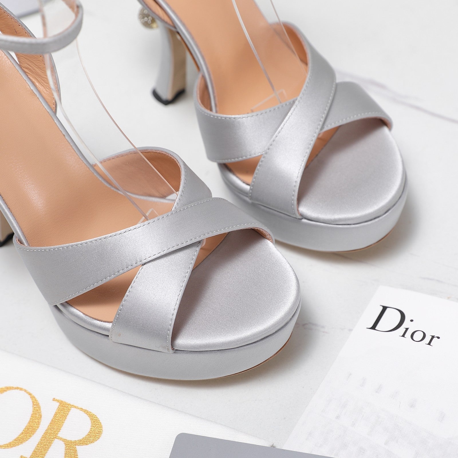 DIOR PEARL-EMBELLISHED HIGH HEEL SANDALS 25S 115 MM IN SILVER SATIN