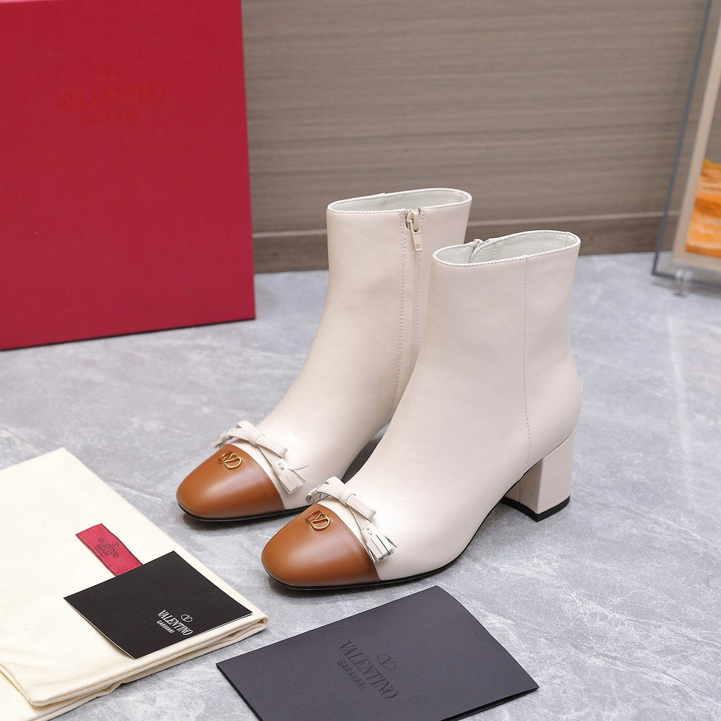VALENTINO 25S VALET DU ROI ANKLE BOOTS 60 MM IN CREAM WHITE MIX BROWN CALFSKIN WITH BOW