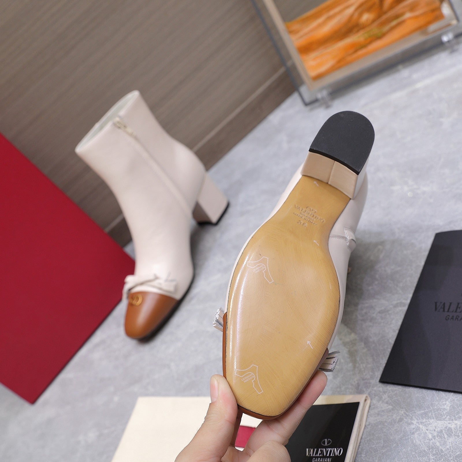 VALENTINO 25S VALET DU ROI ANKLE BOOTS 60 MM IN CREAM WHITE MIX BROWN CALFSKIN WITH BOW