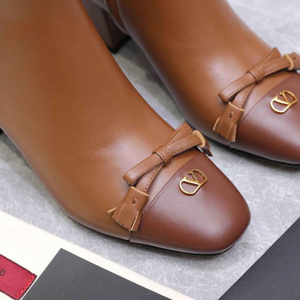 VALENTINO 25S VALET DU ROI ANKLE BOOTS 60 MM IN BROWN CALFSKIN WITH BOW