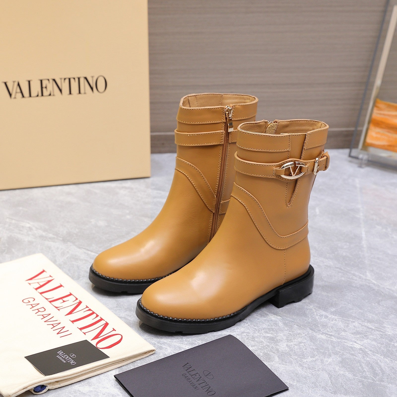 VALENTINO 25S FLAT ANKLE BOOTS IN LIGHT BROWN CALFSKIN