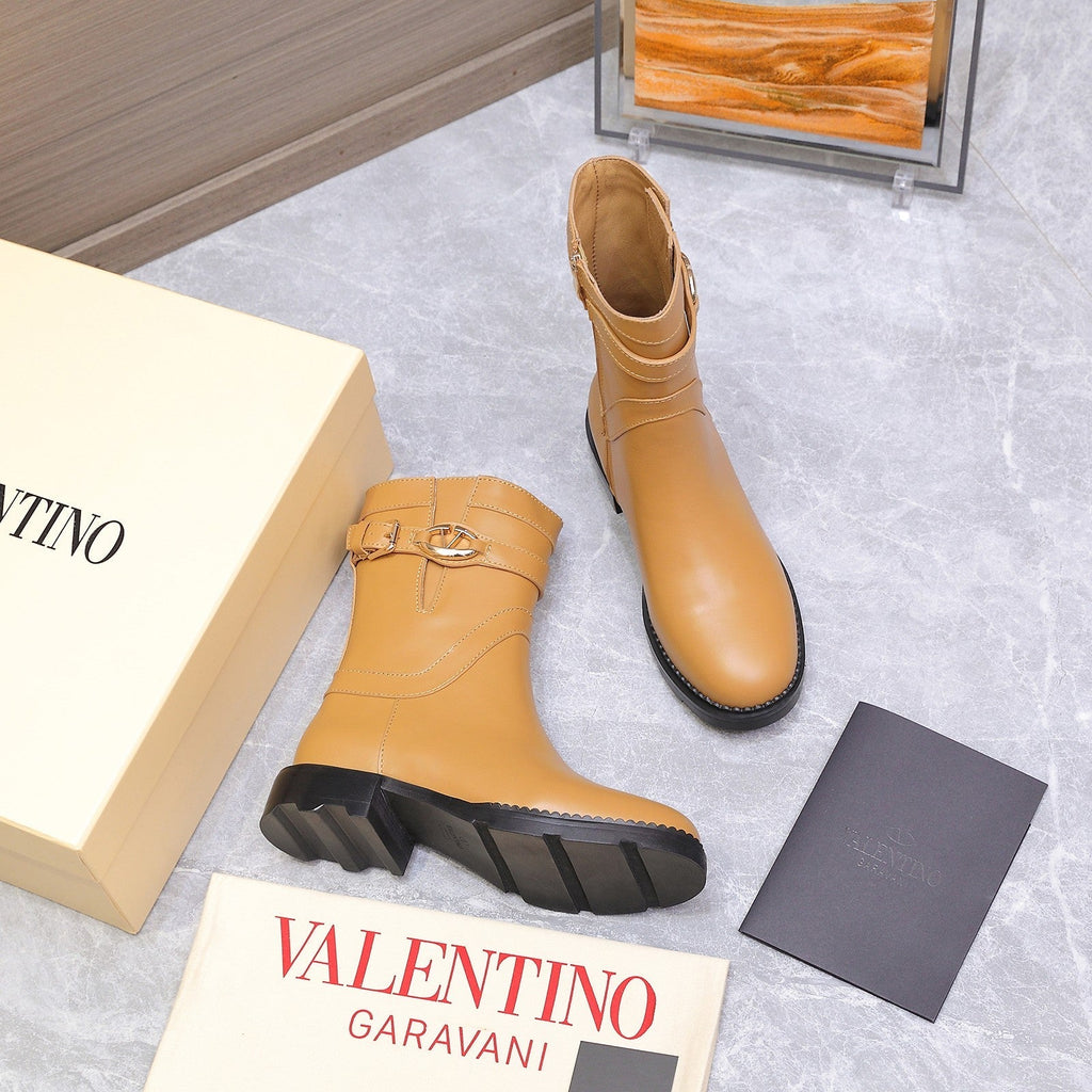 VALENTINO 25S FLAT ANKLE BOOTS IN LIGHT BROWN CALFSKIN