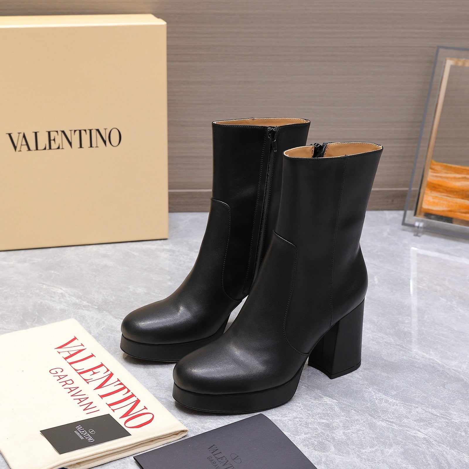 VALENTINO 25S ANKLE BOOTS WITH ZIPPER 90 MM IN BLACK CALFSKIN