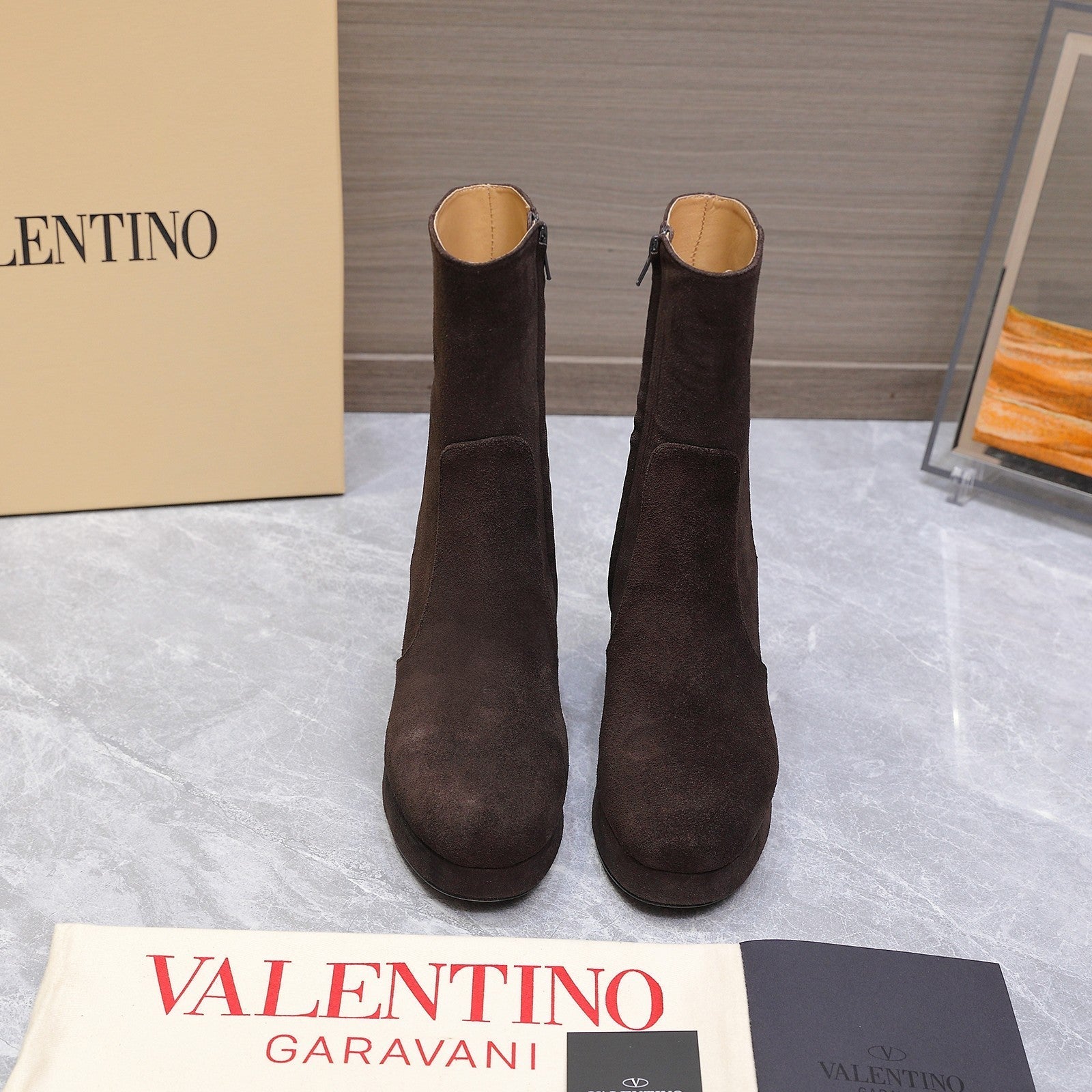 VALENTINO 25S ANKLE BOOTS WITH ZIPPER 90 MM IN DARK BROWN SUEDE