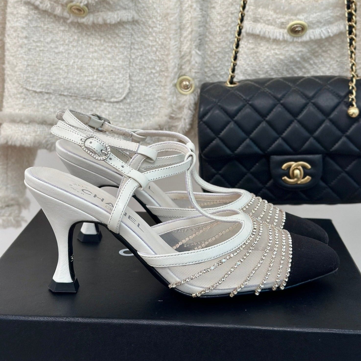 Crystal Flat High Heel Sandals White