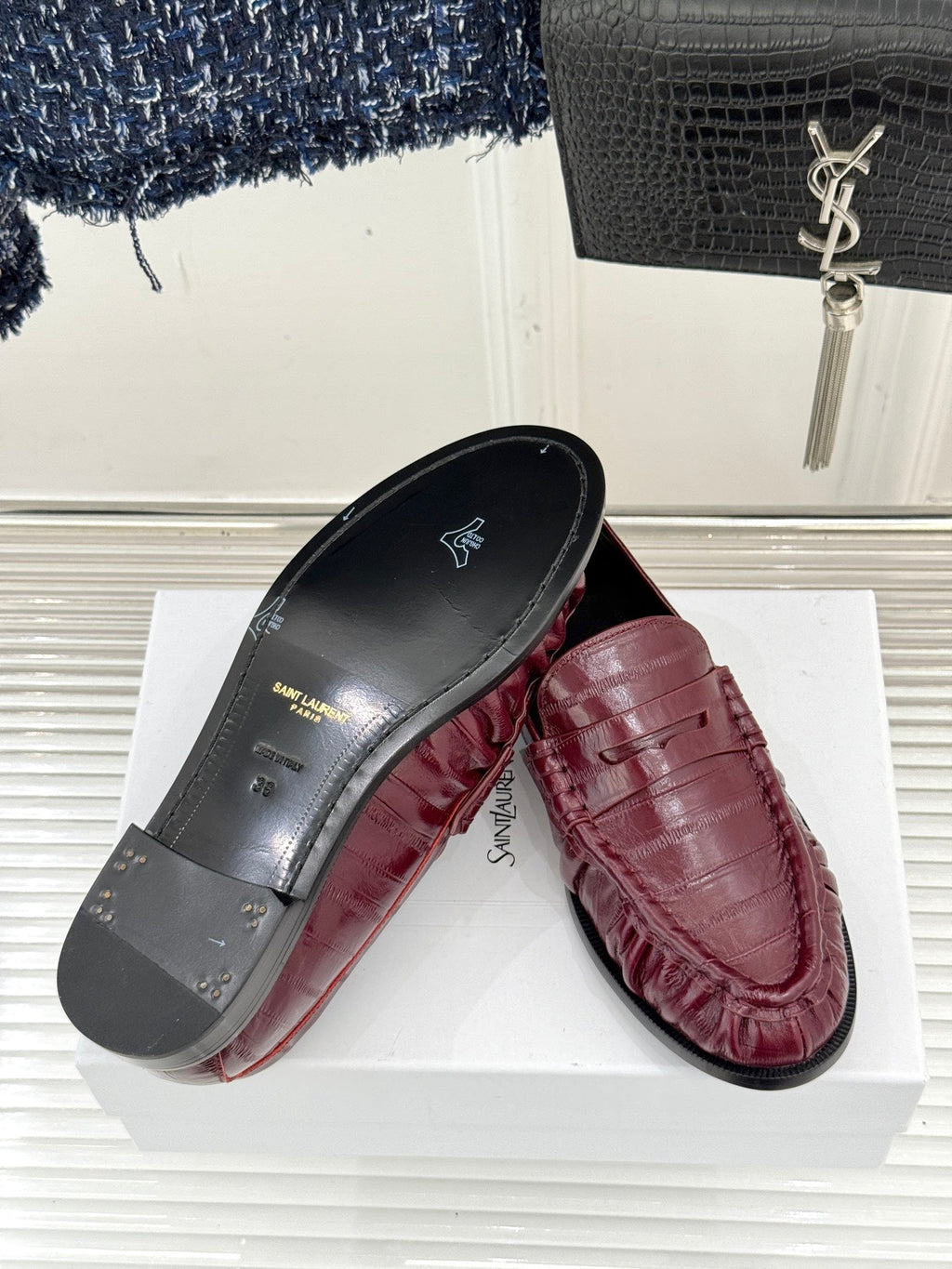 YSL 25S LOAFERS IN DARK RED EMBOSSED LAMBSKIN