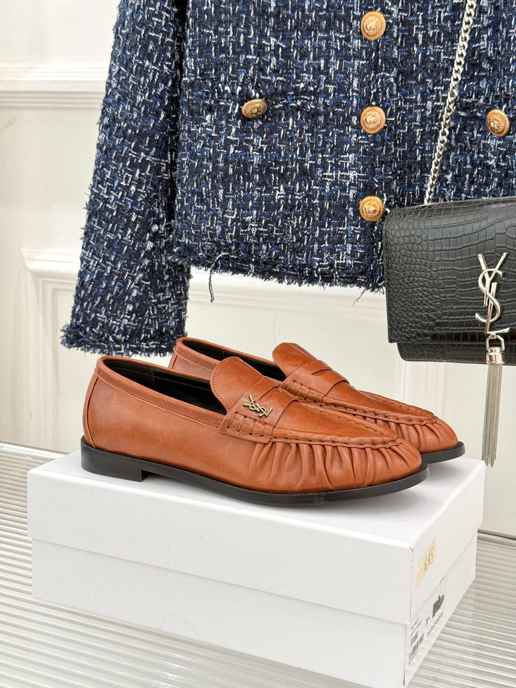 YSL 25S LOAFERS IN BURNT ORANGE BROWN LAMBSKIN