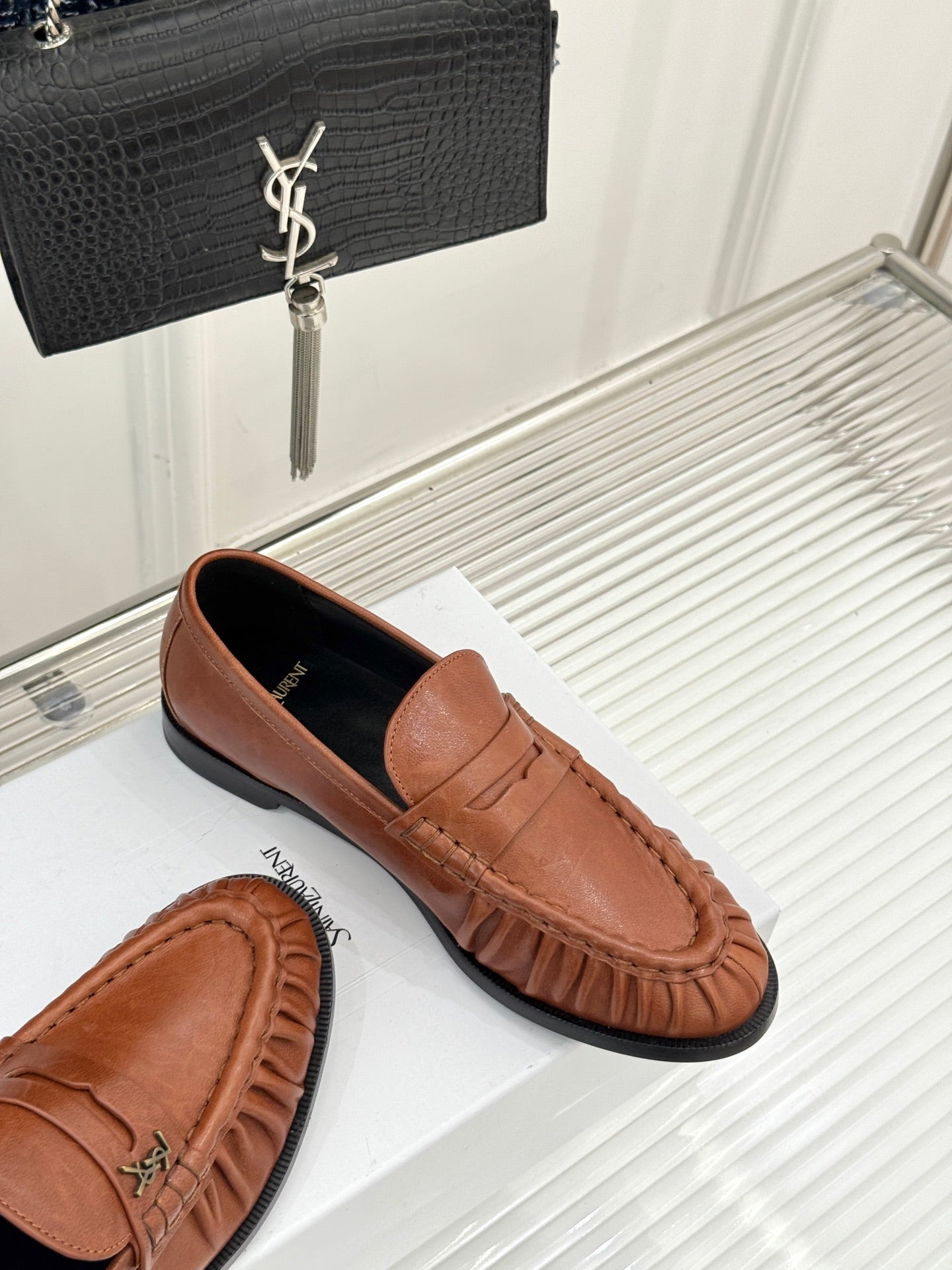 YSL 25S LOAFERS IN BURNT ORANGE BROWN LAMBSKIN