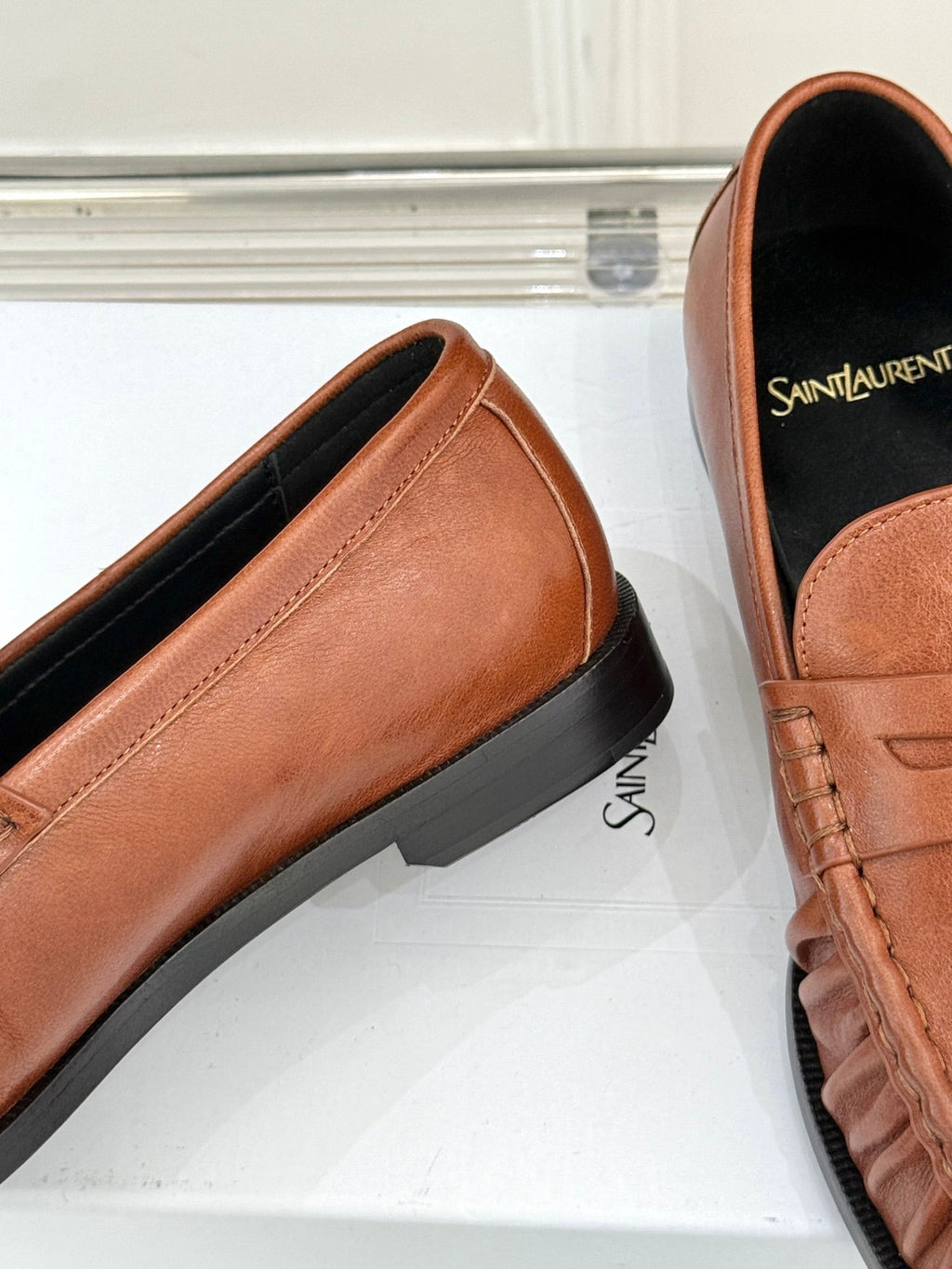 YSL 25S LOAFERS IN BURNT ORANGE BROWN LAMBSKIN
