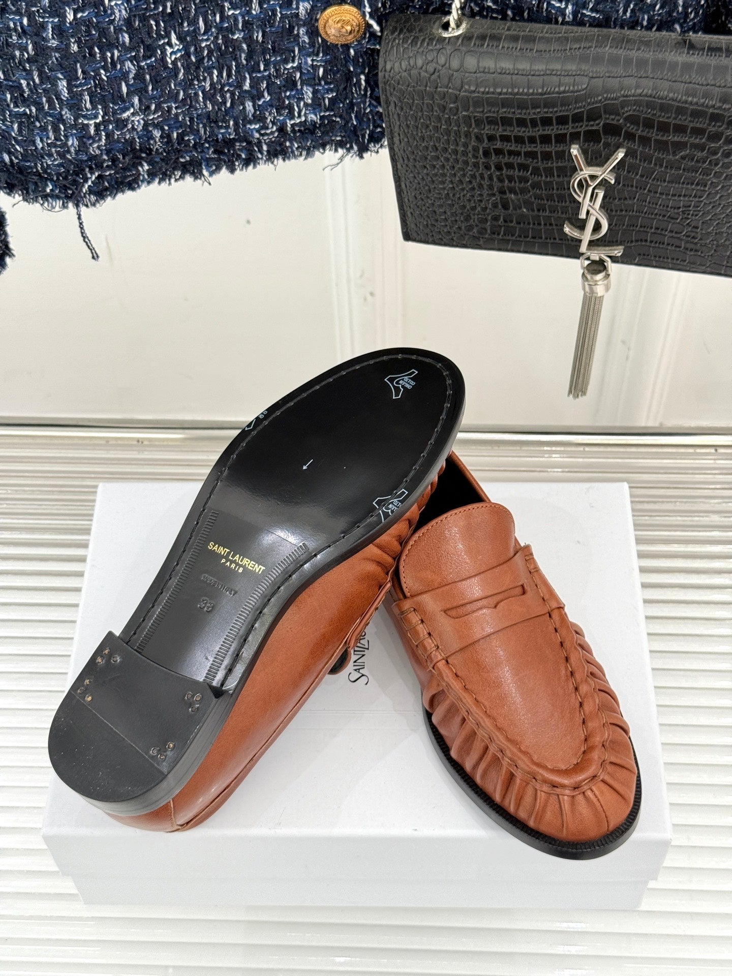 YSL 25S LOAFERS IN BURNT ORANGE BROWN LAMBSKIN