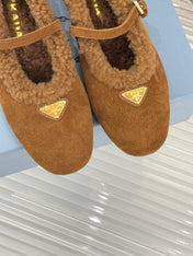 PRADA 25S MARY JANE FLATS IN BROWN SUEDE WITH GOLD HARDWARE