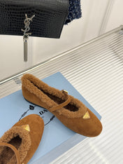 PRADA 25S MARY JANE FLATS IN BROWN SUEDE WITH GOLD HARDWARE