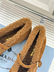 PRADA 25S MARY JANE FLATS IN BROWN SUEDE WITH GOLD HARDWARE