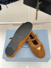 PRADA 25S MARY JANE FLATS IN BROWN SUEDE WITH GOLD HARDWARE