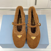PRADA 25S MARY JANE FLATS IN BROWN SUEDE WITH GOLD HARDWARE