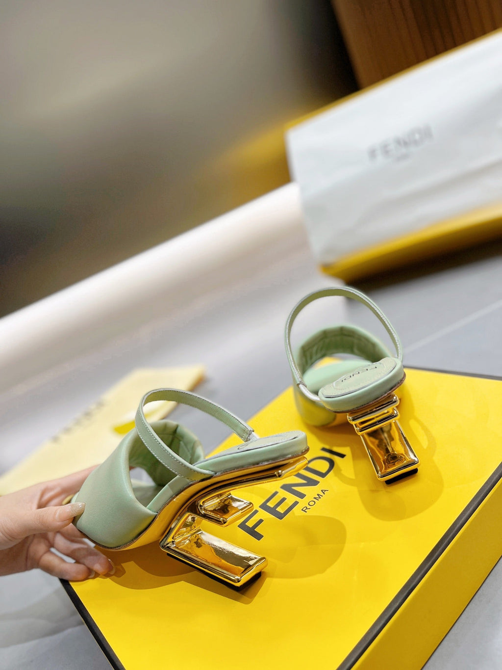 FENDI BAGUETTE HIGH-HEEL SANDALS 8 CM IN MINT GREEN CALFSKIN