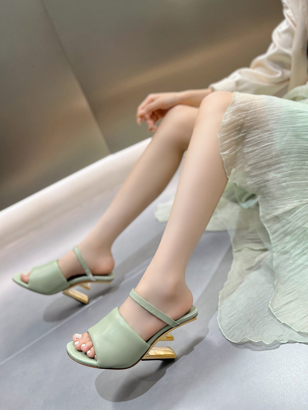 FENDI BAGUETTE HIGH-HEEL SANDALS 8 CM IN MINT GREEN CALFSKIN