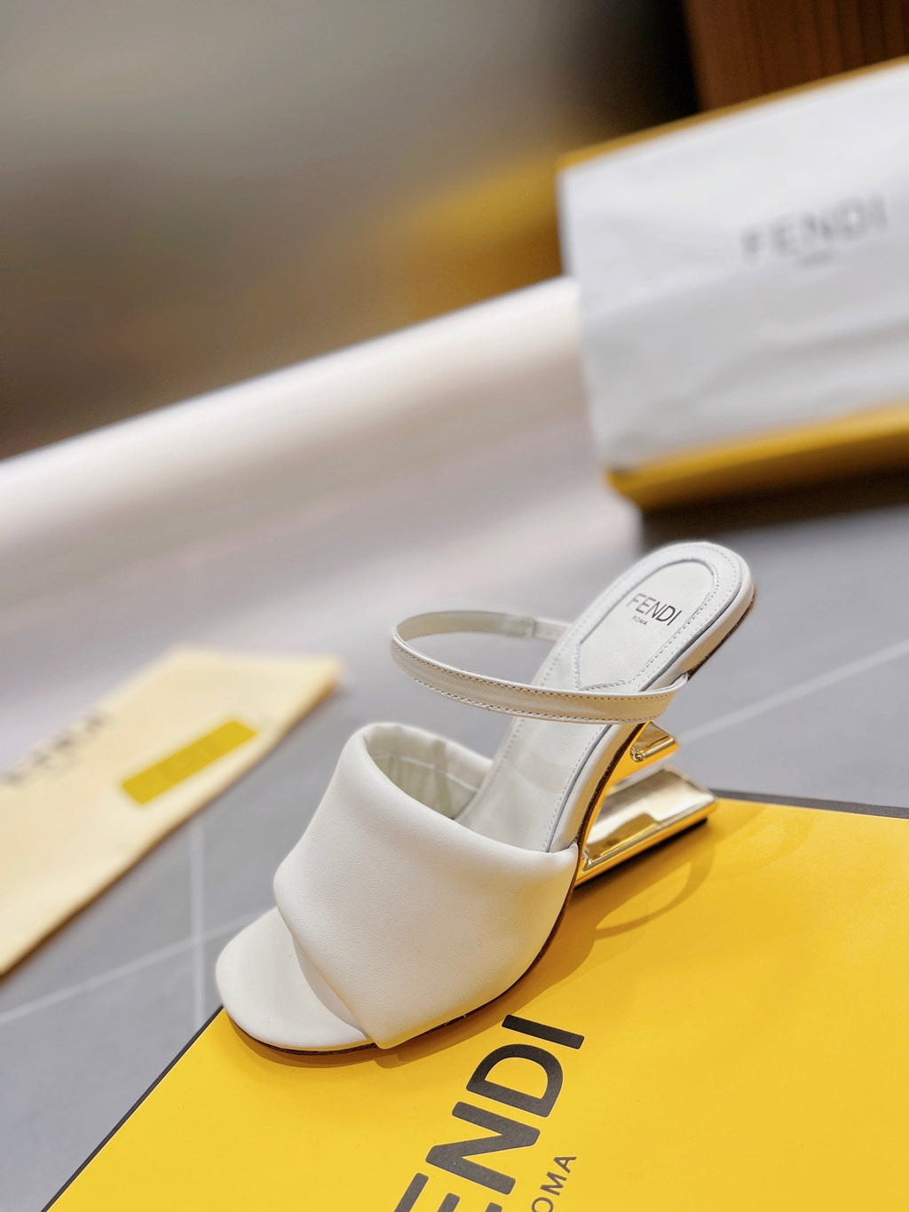 FENDI BAGUETTE HIGH-HEEL SANDALS 8 CM IN WHITE CALFSKIN