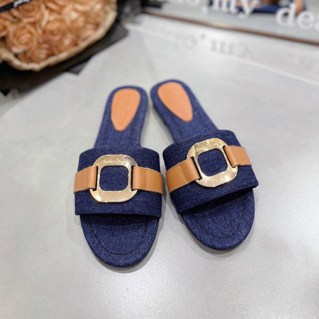 CHLOÉ SLIDE MULE IN NAVY BLUE DENIM AND BROWN CALFSKIN GOLD HARDWARE