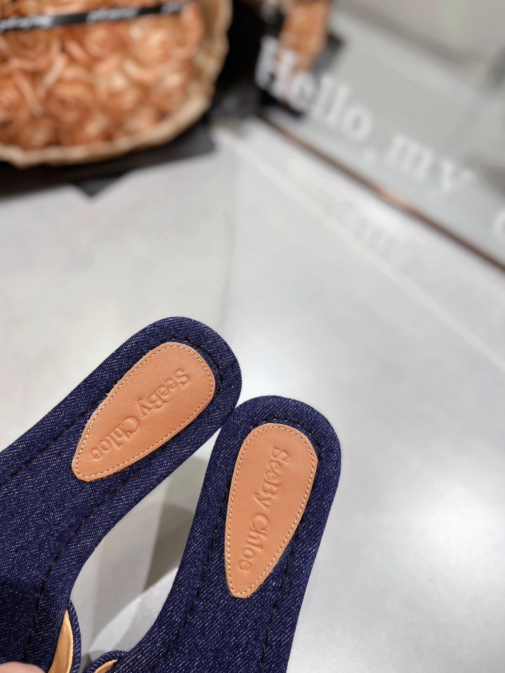 SLIDE MULE IN NAVY BLUE DENIM AND BROWN CALFSKIN GOLD HARDWARE