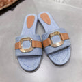 CHLOÉ SLIDE MULE IN LIGHT BLUE DENIM AND BROWN CALFSKIN GOLD HARDWARE