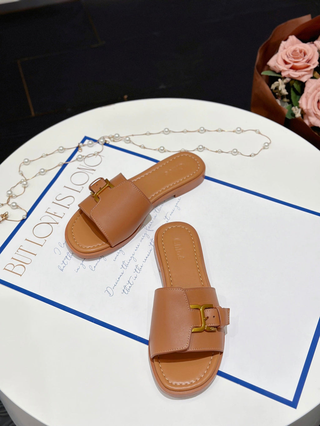 CHLOÉ HLOE MARCIE SLIDE IN BRONZE BROWN CALFSKIN WITH GOLD HARDWARE
