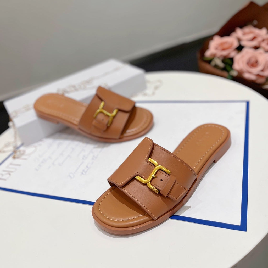 CHLOÉ HLOE MARCIE SLIDE IN BRONZE BROWN CALFSKIN WITH GOLD HARDWARE