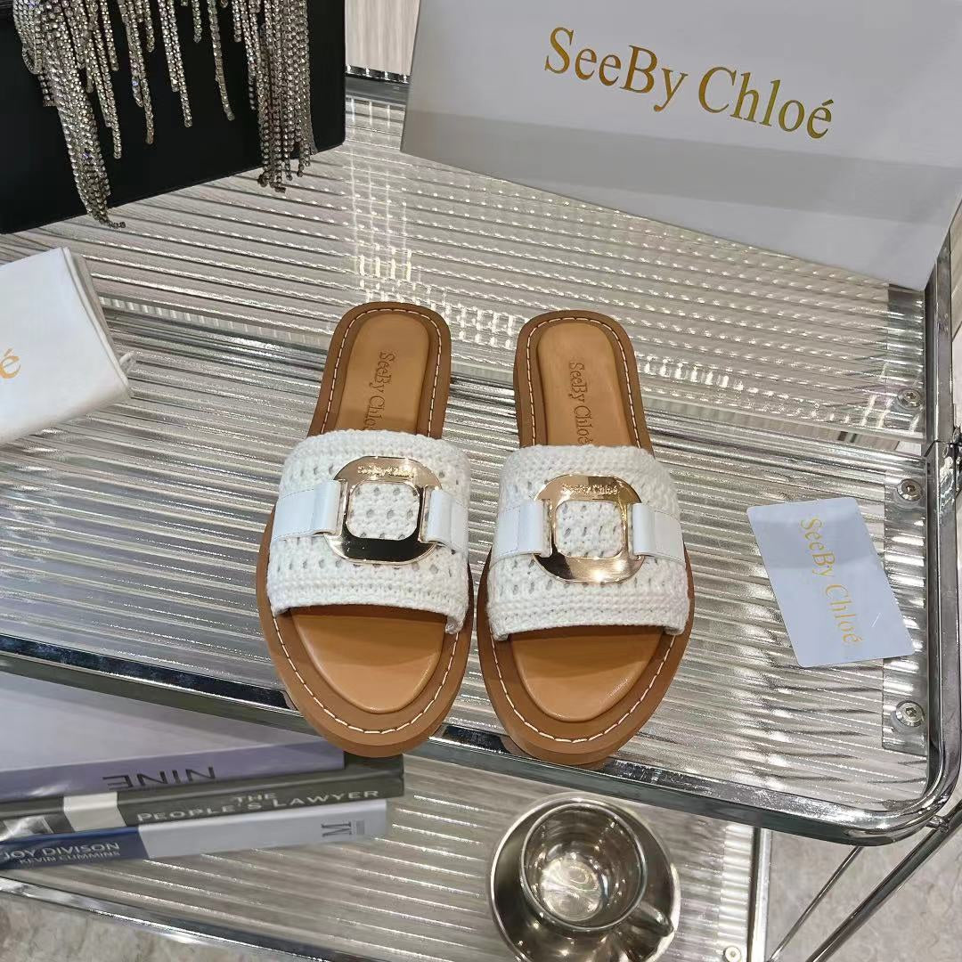 CHLOÉ WOVEN SLIDE MULE IN WHITE WOOL AND BROWN LAMBSKIN GOLD HARDWARE