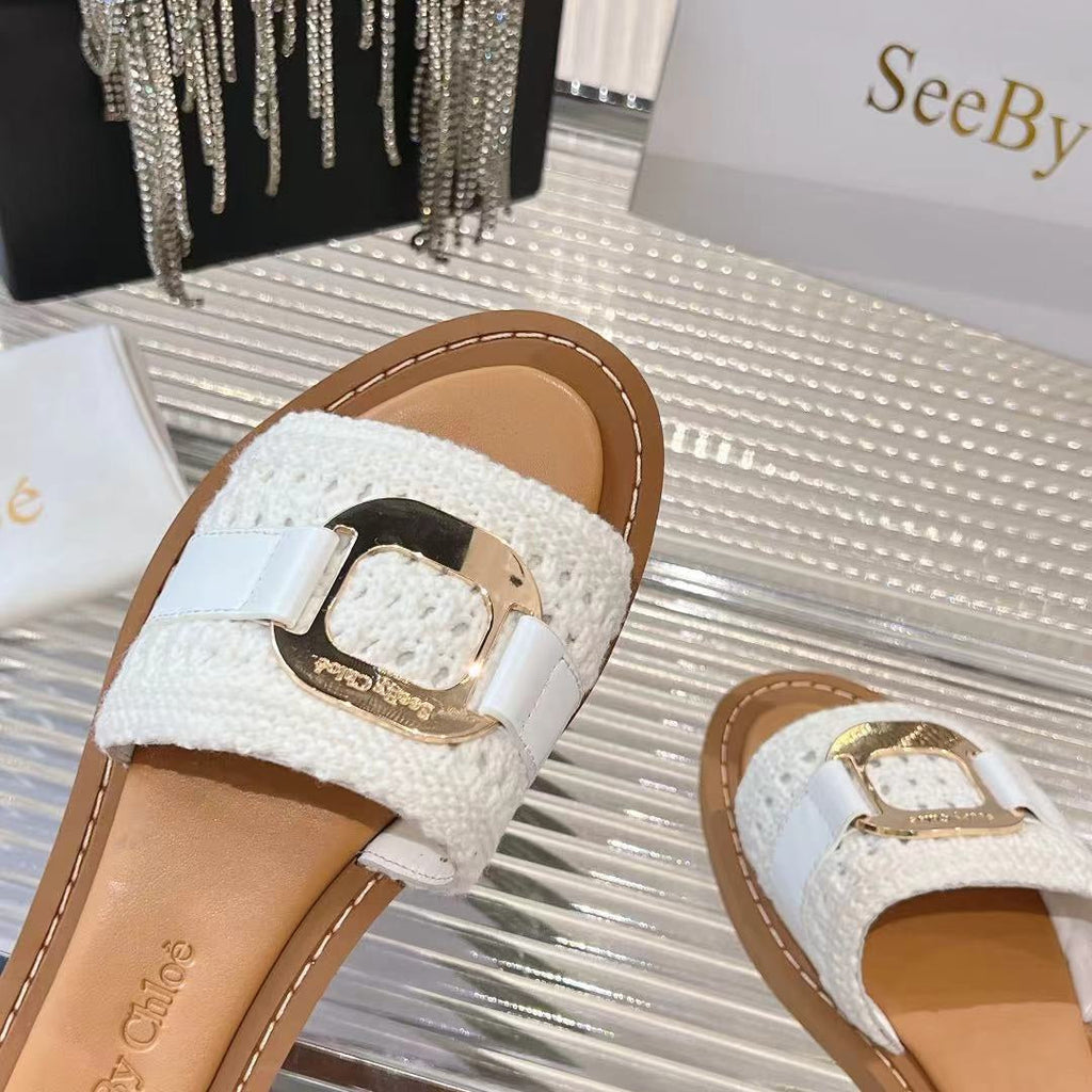 CHLOÉ WOVEN SLIDE MULE IN WHITE WOOL AND BROWN LAMBSKIN GOLD HARDWARE