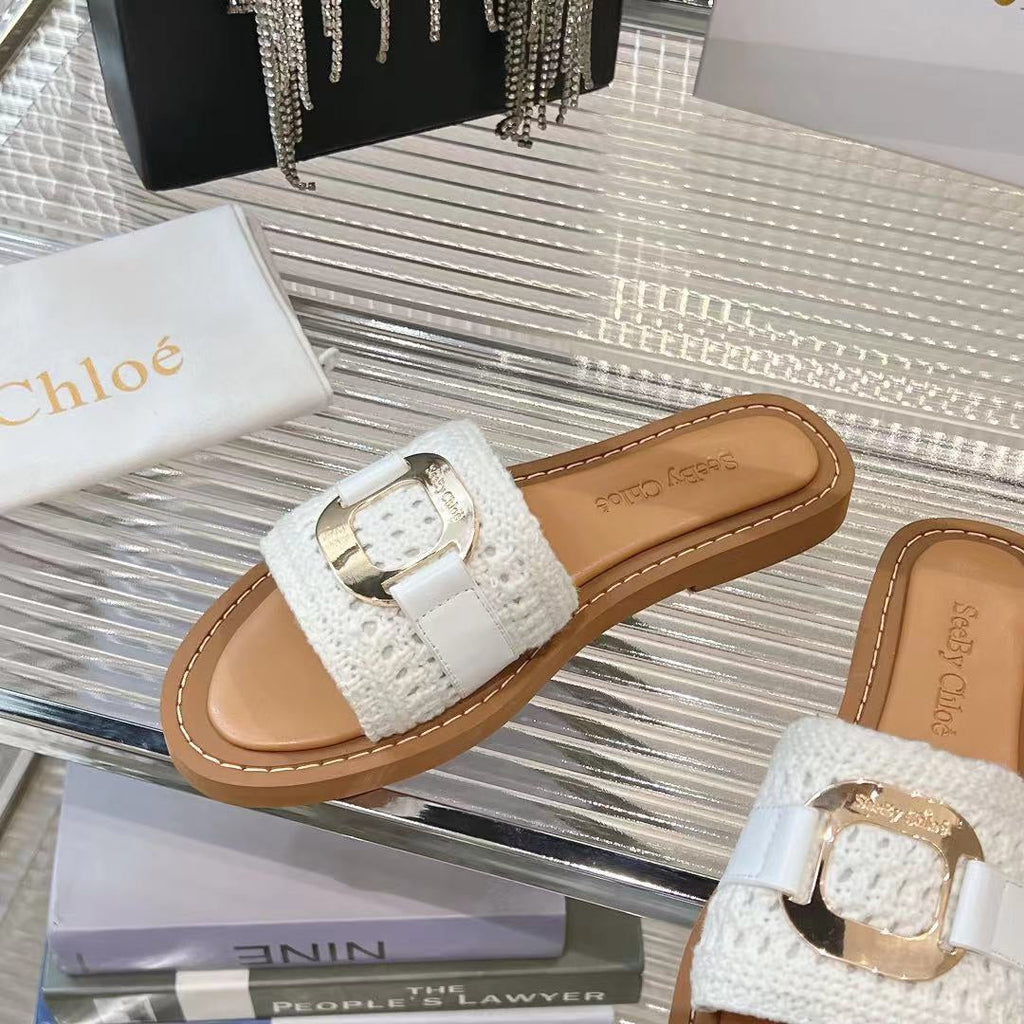 CHLOÉ WOVEN SLIDE MULE IN WHITE WOOL AND BROWN LAMBSKIN GOLD HARDWARE