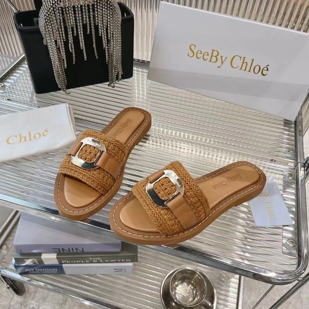 CHLOÉ WOVEN SLIDE MULE IN RUSSET BROWN WOOL AND LAMBSKIN GOLD HARDWARE