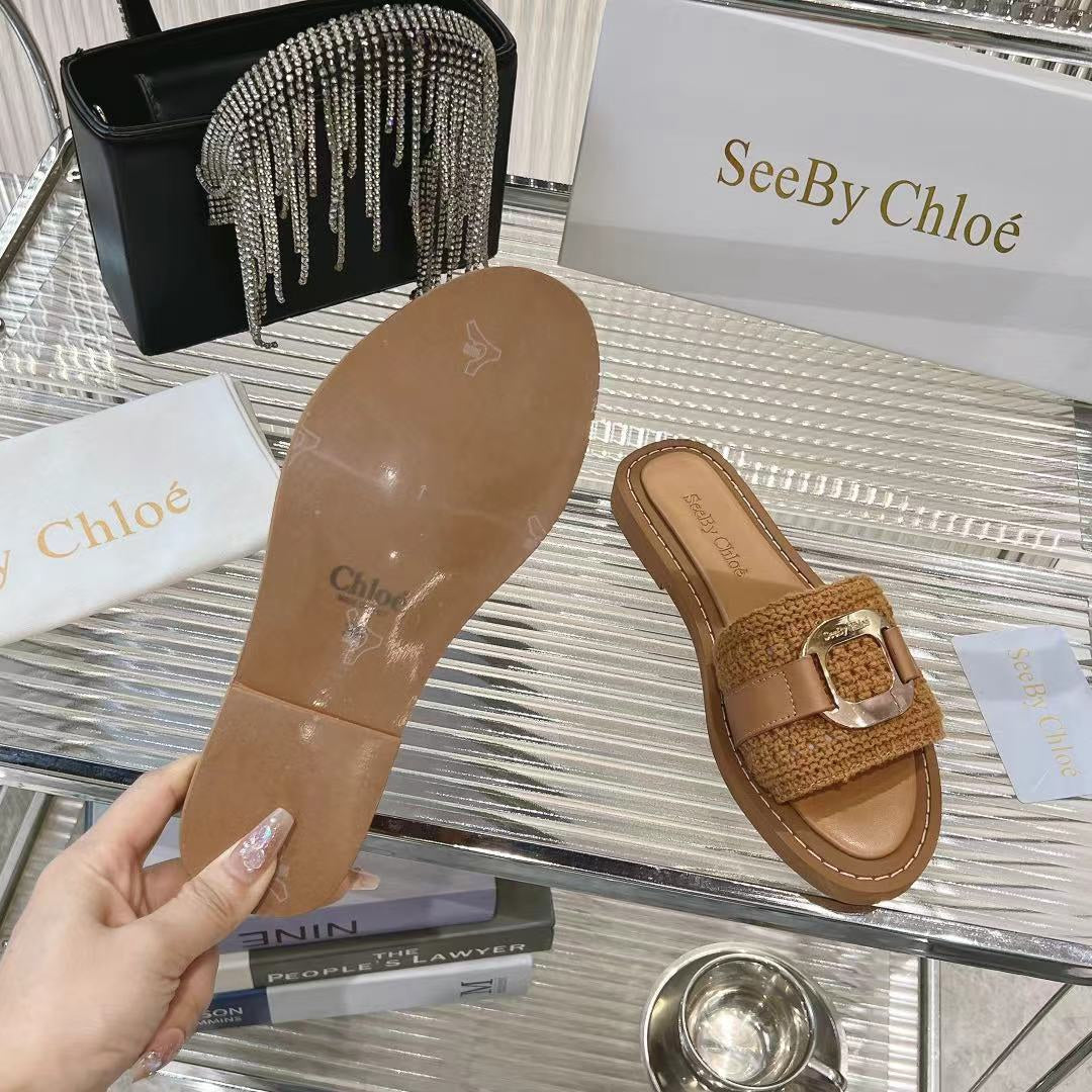 CHLOÉ WOVEN SLIDE MULE IN RUSSET BROWN WOOL AND LAMBSKIN GOLD HARDWARE