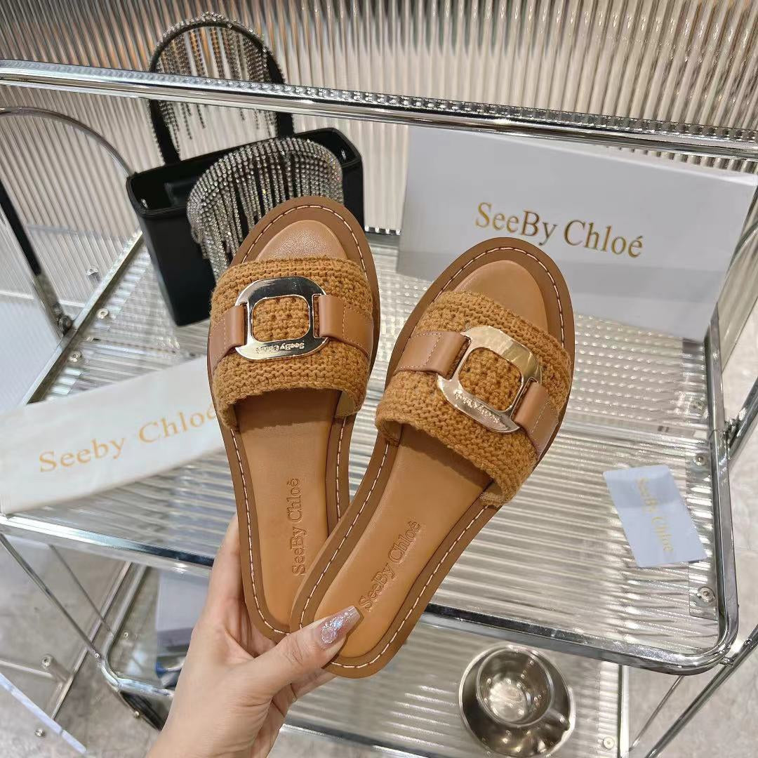 CHLOÉ WOVEN SLIDE MULE IN RUSSET BROWN WOOL AND LAMBSKIN GOLD HARDWARE