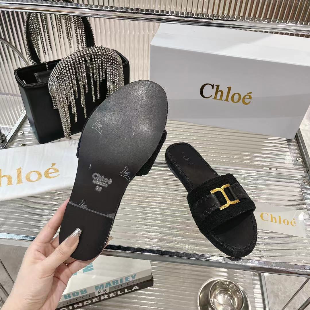 CHLOÉ WOVEN SLIPPER IN BLACK WOOL AND LAMBSKIN GOLD HARDWARE